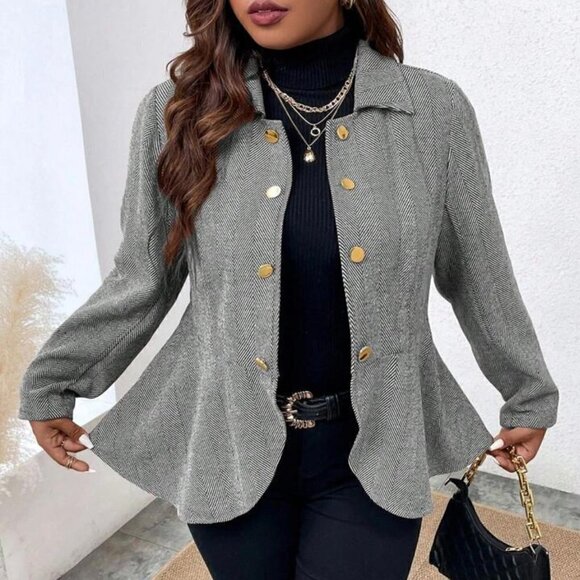SHEIN Jackets & Blazers - SHEIN Essence Plus Herringbone Peplum Hem Overcoat Black and White XS size 2